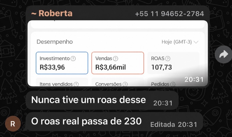 Resultado aluna Roberta ROAS 107,73